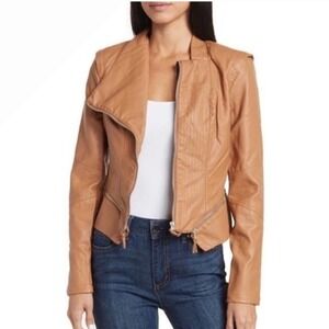 BLANKNYC Brown Faux Leather Moto Jacket Asymmetrical Zip Collar Women's M